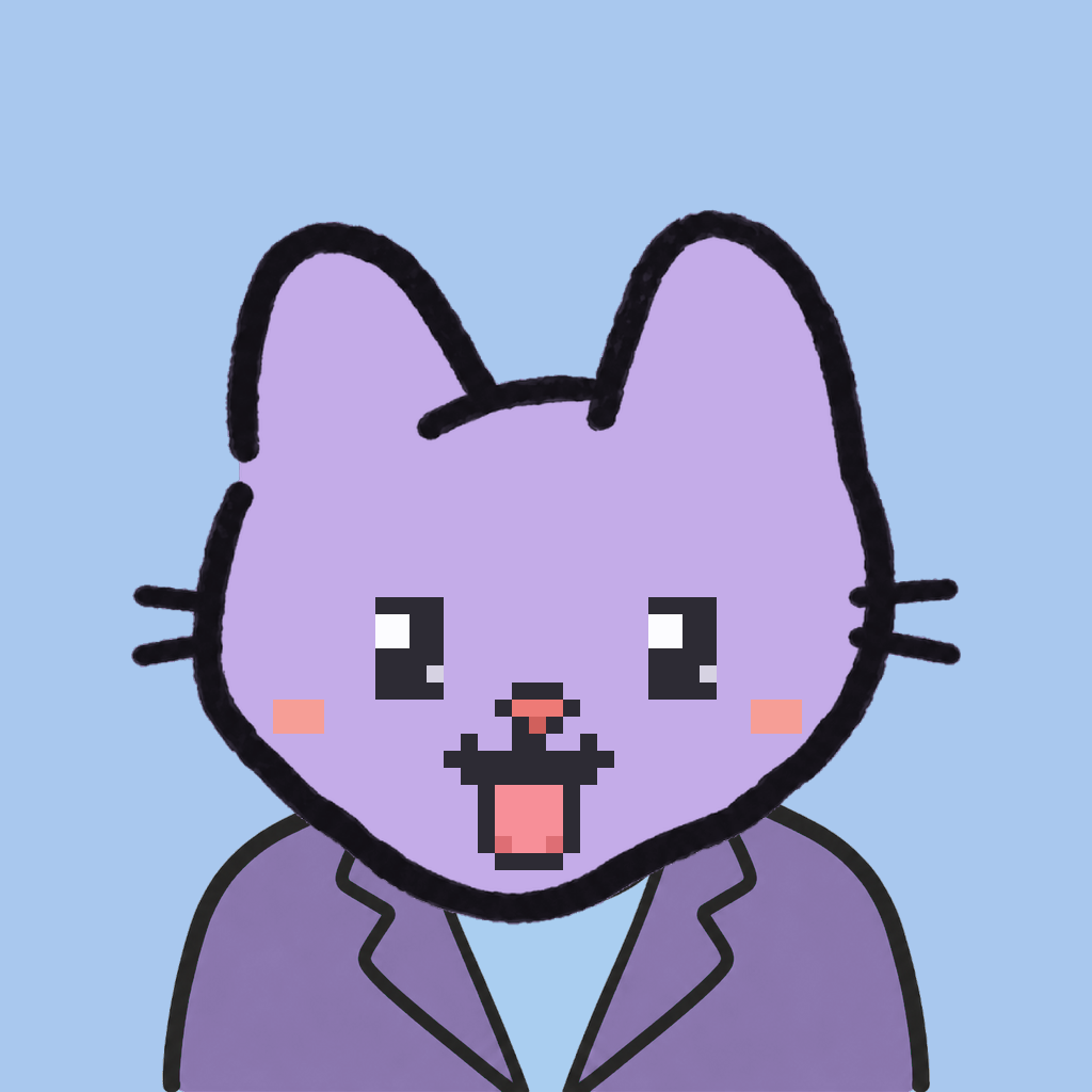 Employee #1516 — a lavender cat, in a lavender suit, on sky