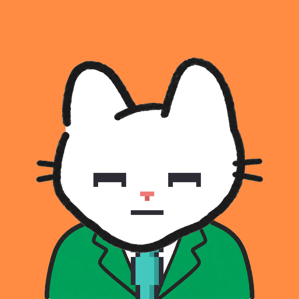 Employee #1517 — a white cat, in a green suit, with a teal tie, on tangerine