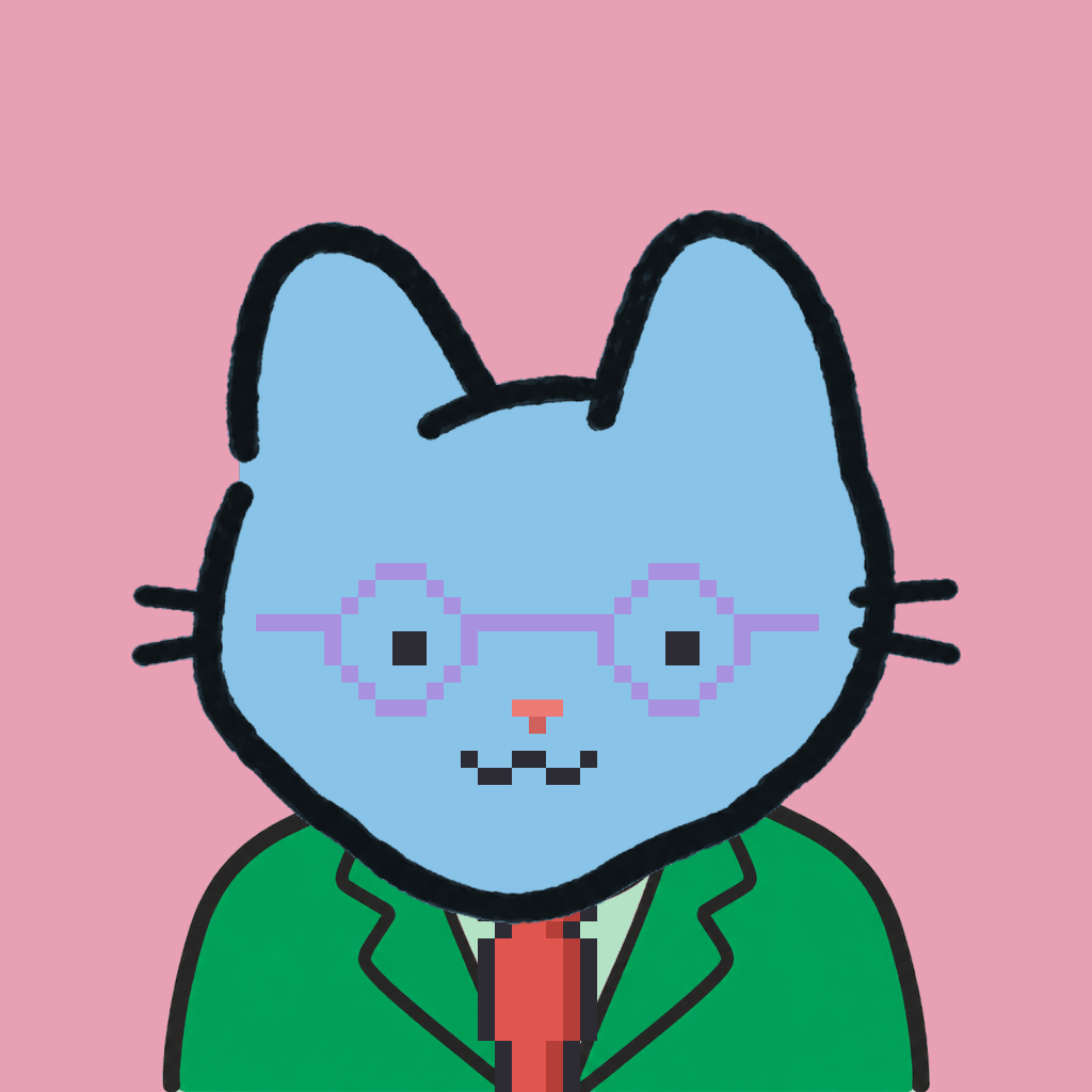 Employee #1518 — a sky cat, in a green suit, with a red tie, wearing round-lavender glasses, on rose