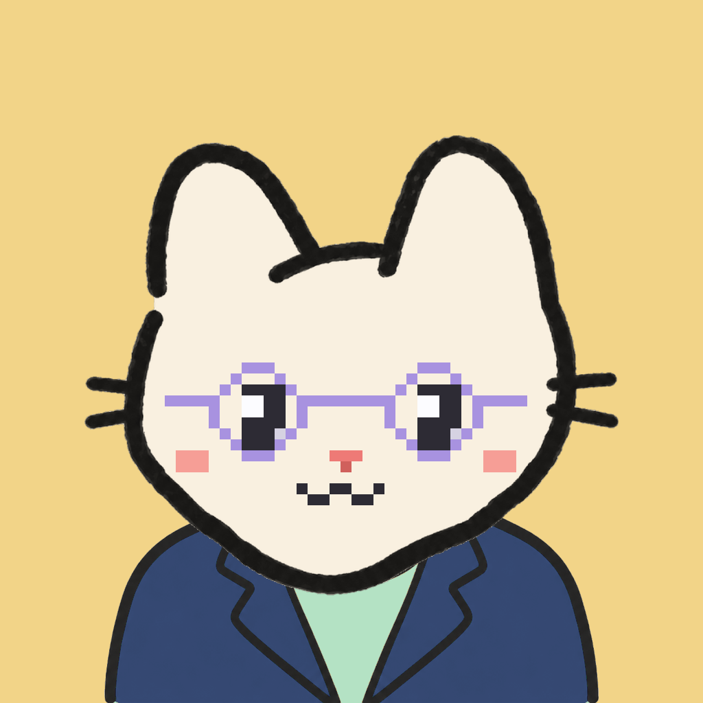 Employee #0152 — a cream cat, in a navy suit, wearing round-lavender glasses, on butter