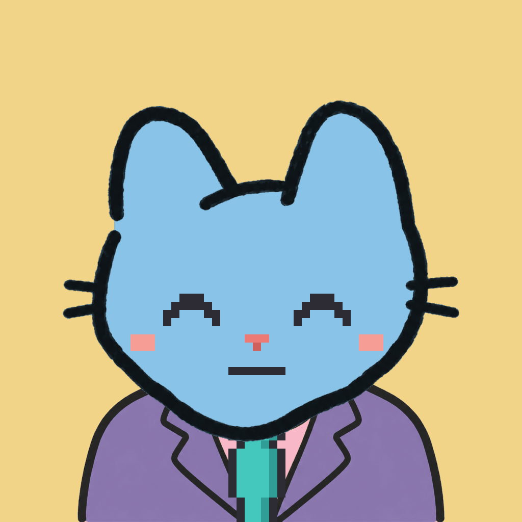 Employee #1520 — a sky cat, in a lavender suit, with a teal tie, on butter
