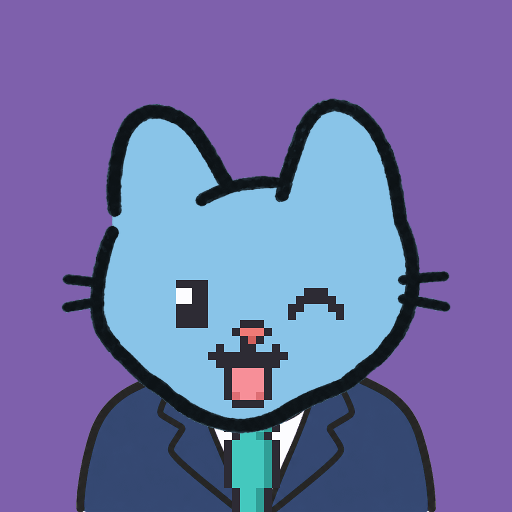 Employee #1521 — a sky cat, in a navy suit, with a teal tie, on plasma violet