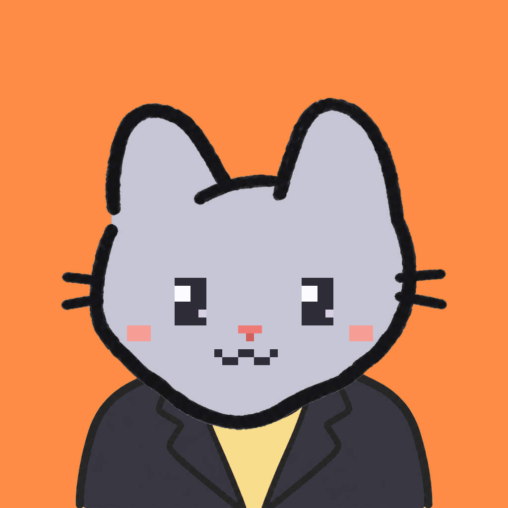 Employee #1522 — a gray cat, in a black suit, on tangerine