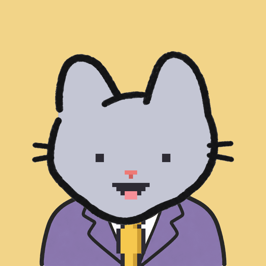 Employee #1523 — a gray cat, in a lavender suit, with a gold tie, on butter