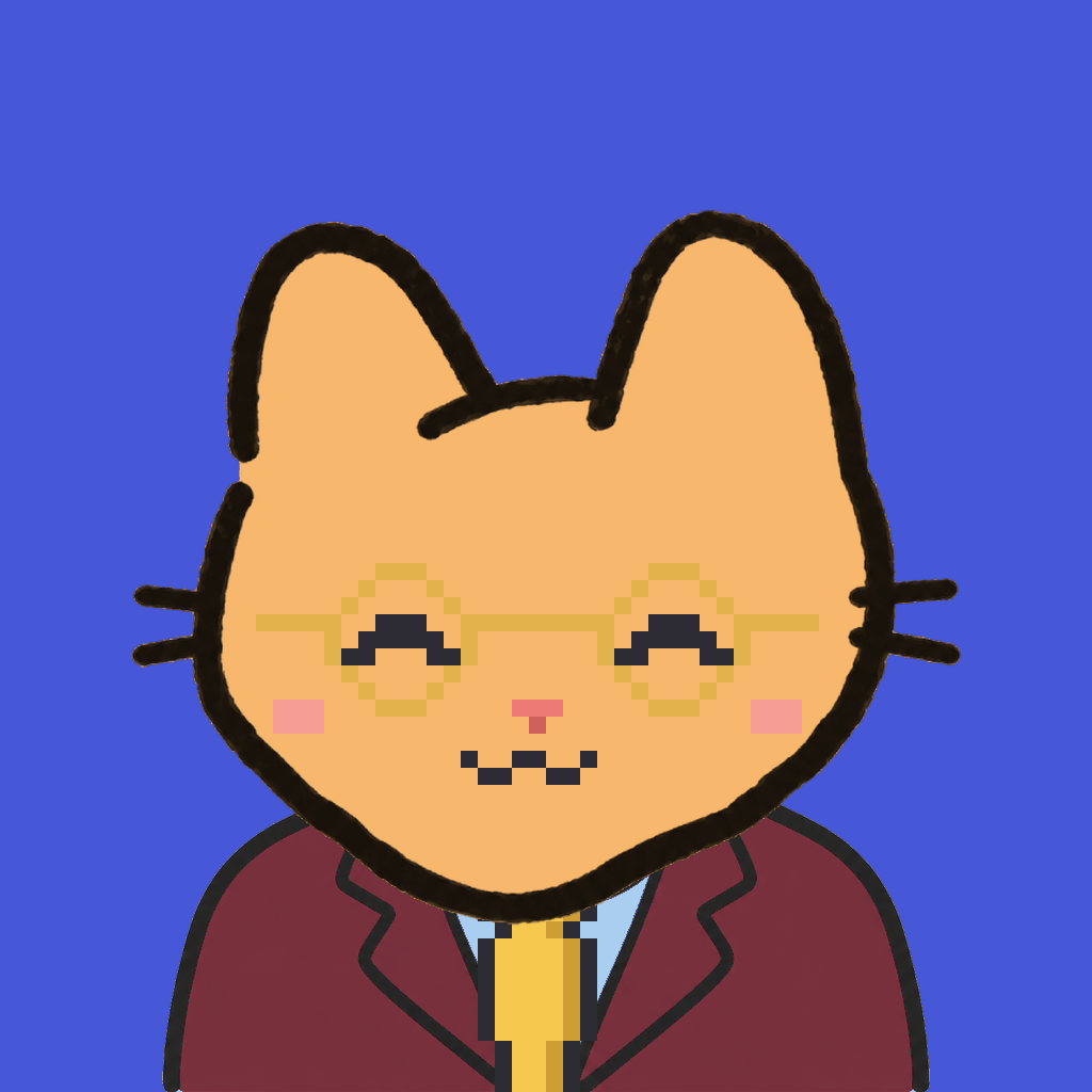 Employee #1524 — a tabby cat, in a burgundy suit, with a gold tie, wearing round-gold glasses, on royal