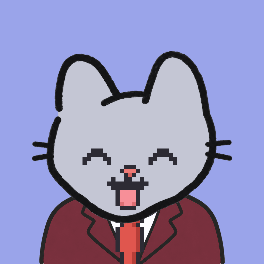 Employee #1525 — a gray cat, in a burgundy suit, with a red tie, on periwinkle
