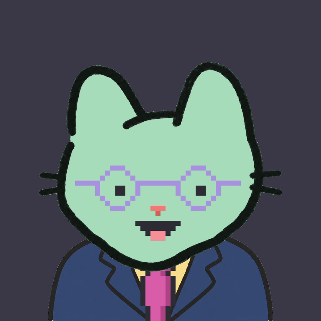 Employee #1526 — a mint cat, in a navy suit, with a magenta tie, wearing round-lavender glasses, on charcoal
