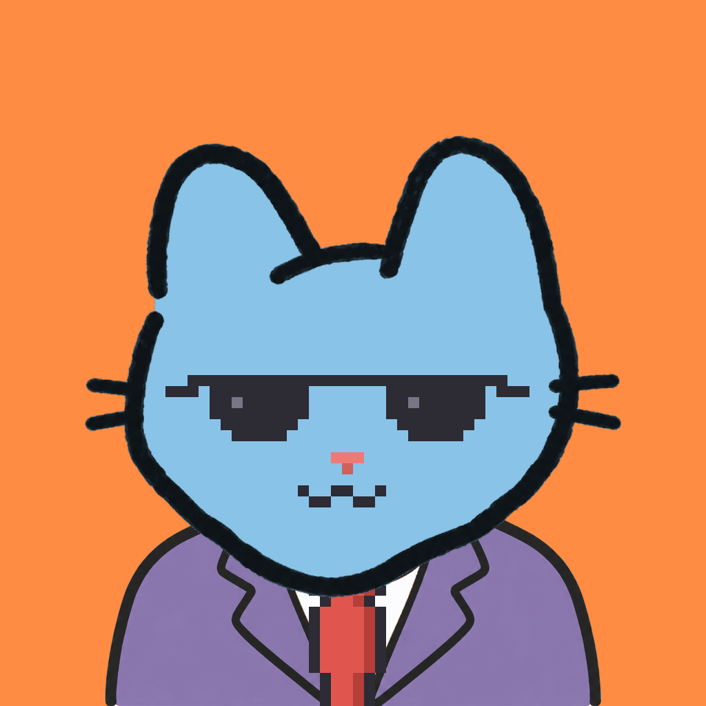 Employee #1529 — a sky cat, in a lavender suit, with a red tie, wearing shades glasses, on tangerine