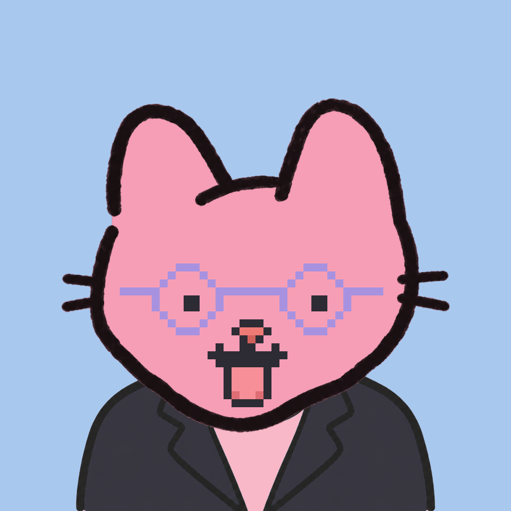 Employee #0153 — a pink cat, in a black suit, wearing round-lavender glasses, on sky