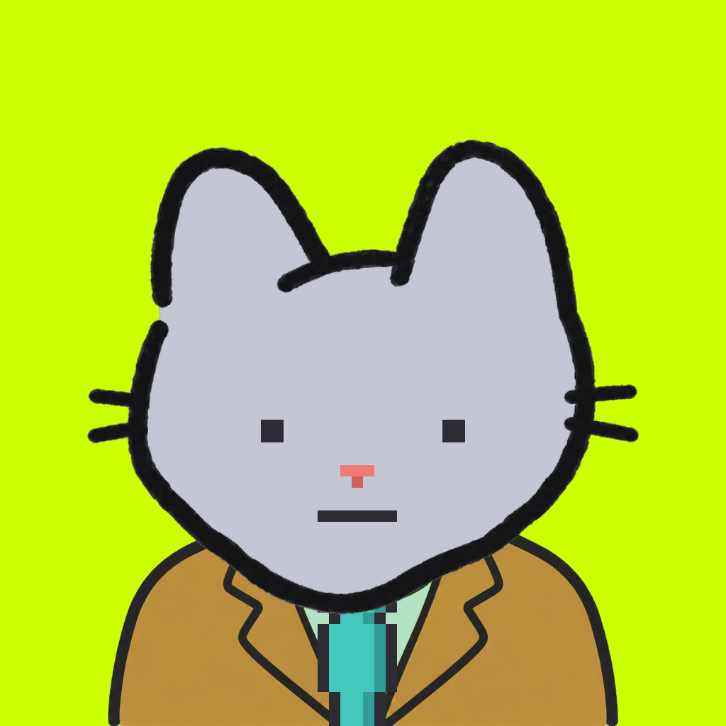Employee #1530 — a gray cat, in a mustard suit, with a teal tie, on volt