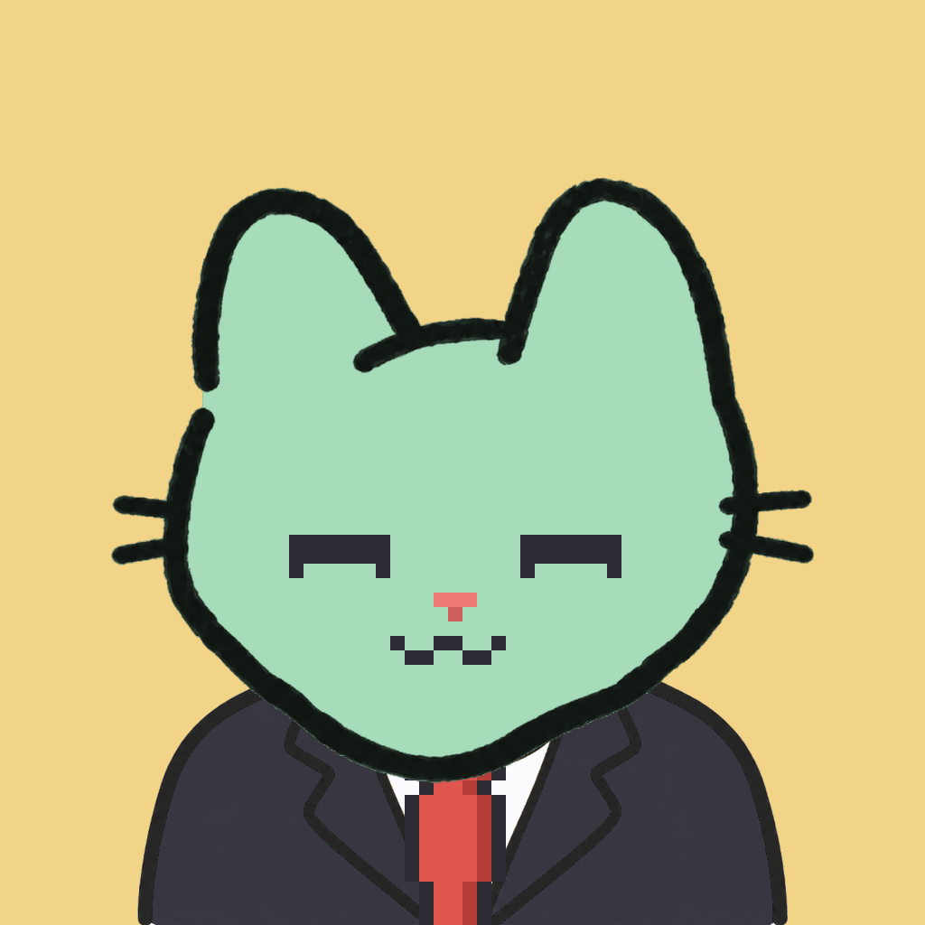 Employee #1531 — a mint cat, in a black suit, with a red tie, on butter