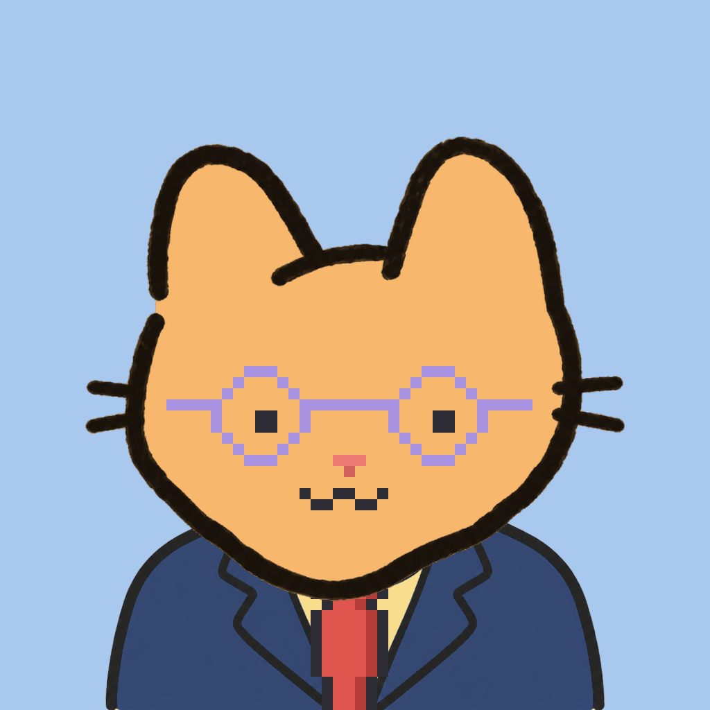 Employee #1532 — a tabby cat, in a navy suit, with a red tie, wearing round-lavender glasses, on sky