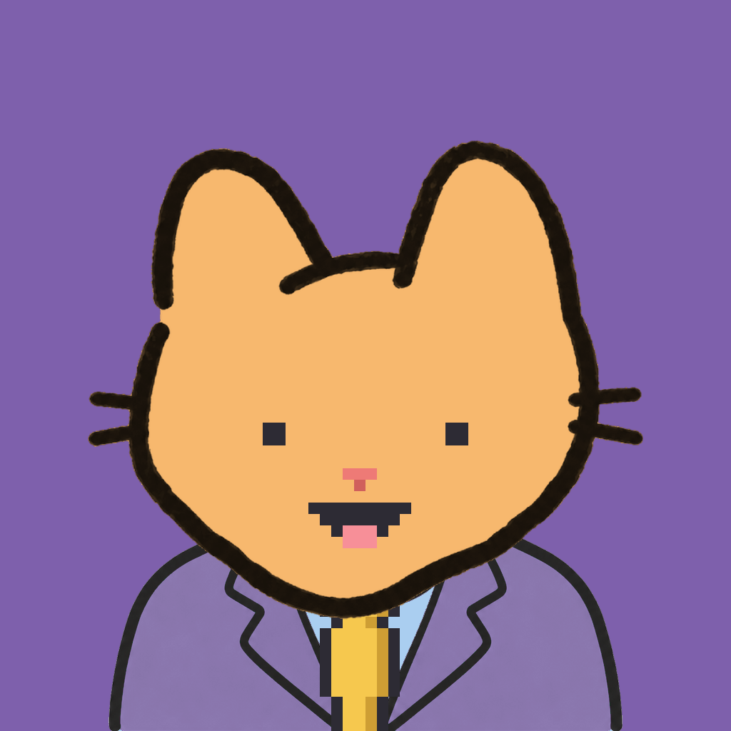 Employee #1533 — a tabby cat, in a lavender suit, with a gold tie, on plasma violet
