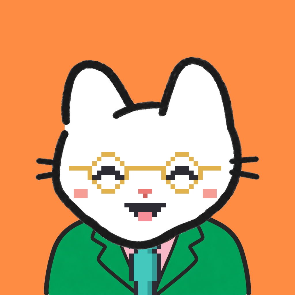 Employee #1534 — a white cat, in a green suit, with a teal tie, wearing round-gold glasses, on tangerine