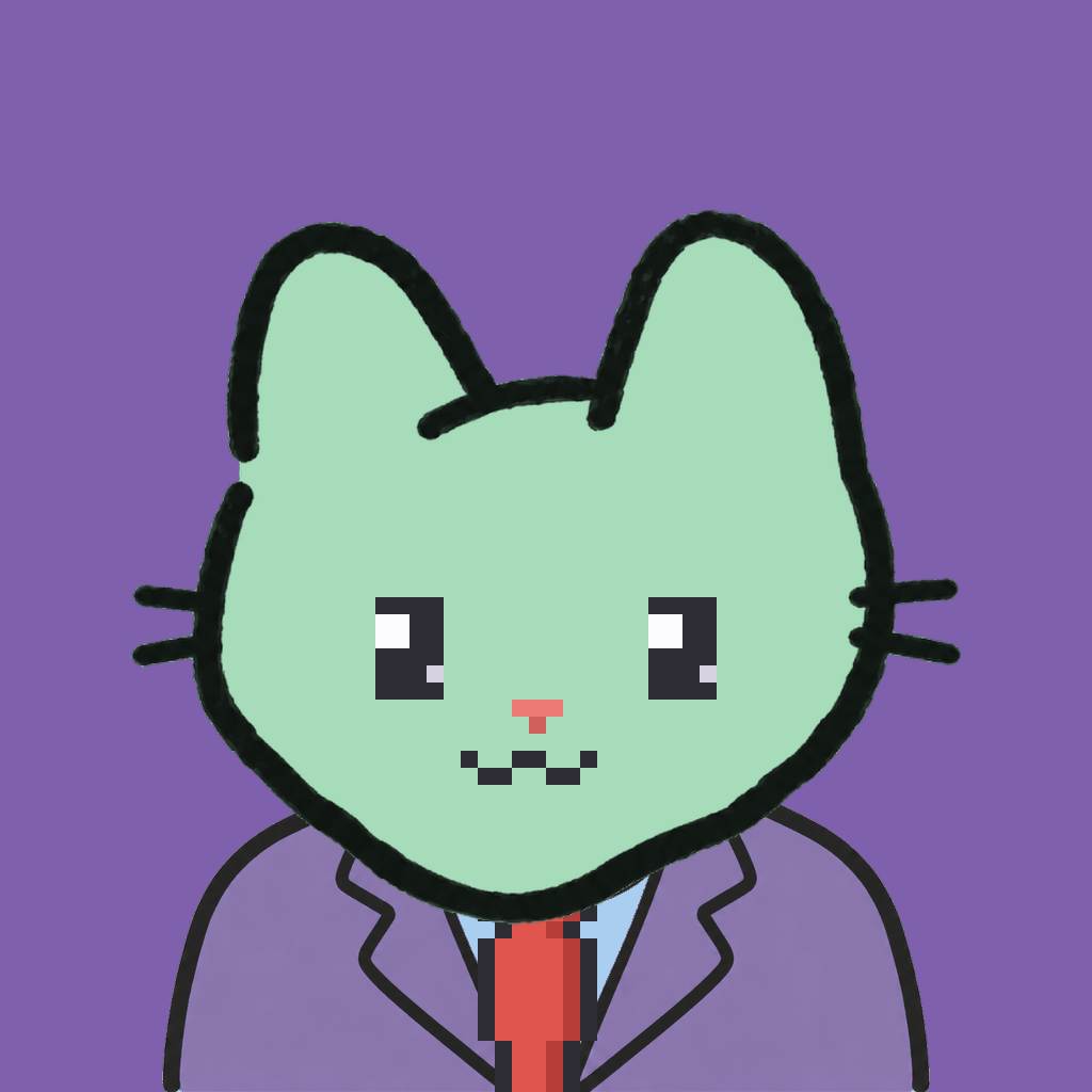 Employee #1535 — a mint cat, in a lavender suit, with a red tie, on plasma violet
