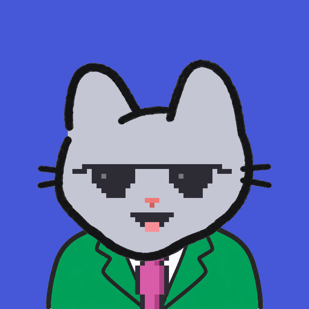 Employee #1536 — a gray cat, in a green suit, with a magenta tie, wearing shades glasses, on royal