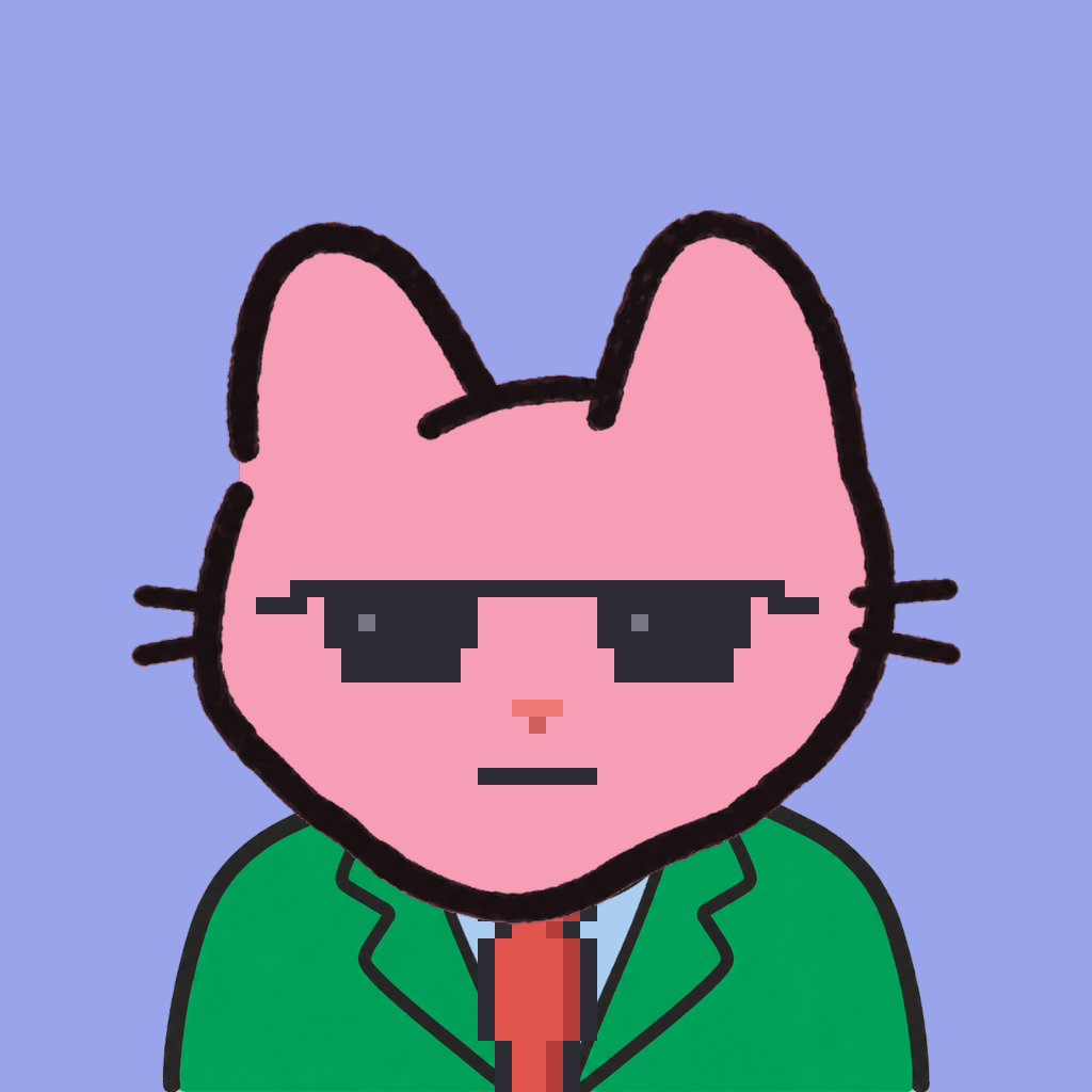 Employee #1537 — a pink cat, in a green suit, with a red tie, wearing shades glasses, on periwinkle