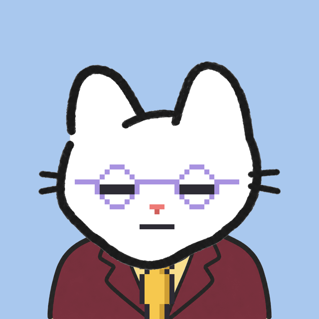 Employee #1538 — a white cat, in a burgundy suit, with a gold tie, wearing round-lavender glasses, on sky