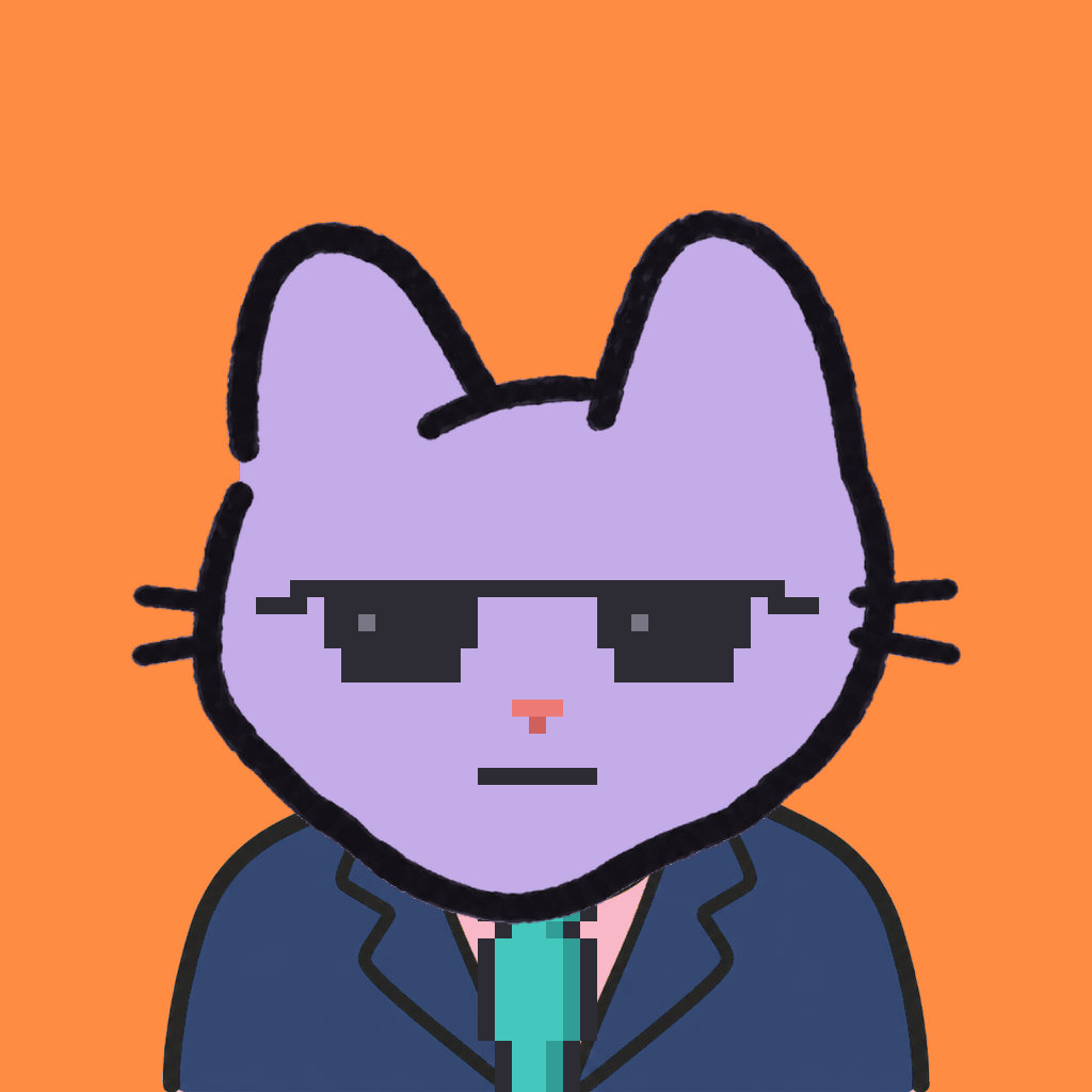 Employee #1539 — a lavender cat, in a navy suit, with a teal tie, wearing shades glasses, on tangerine