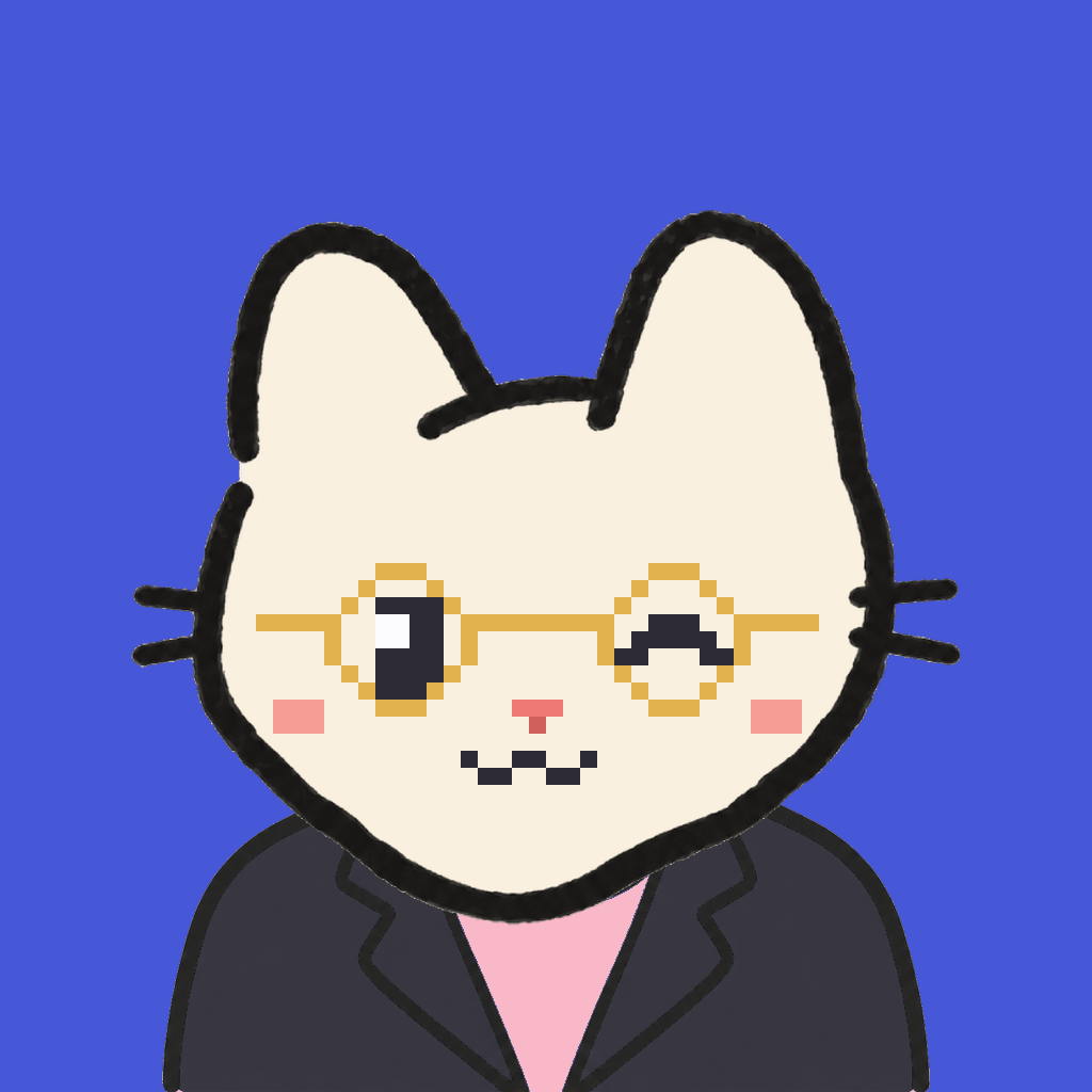 Employee #0154 — a cream cat, in a black suit, wearing round-gold glasses, on royal