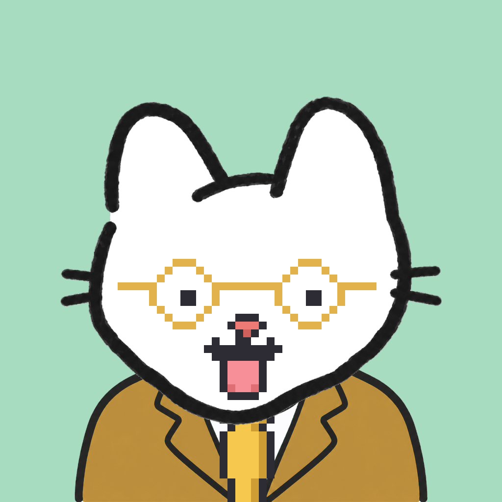Employee #1540 — a white cat, in a mustard suit, with a gold tie, wearing round-gold glasses, on mint