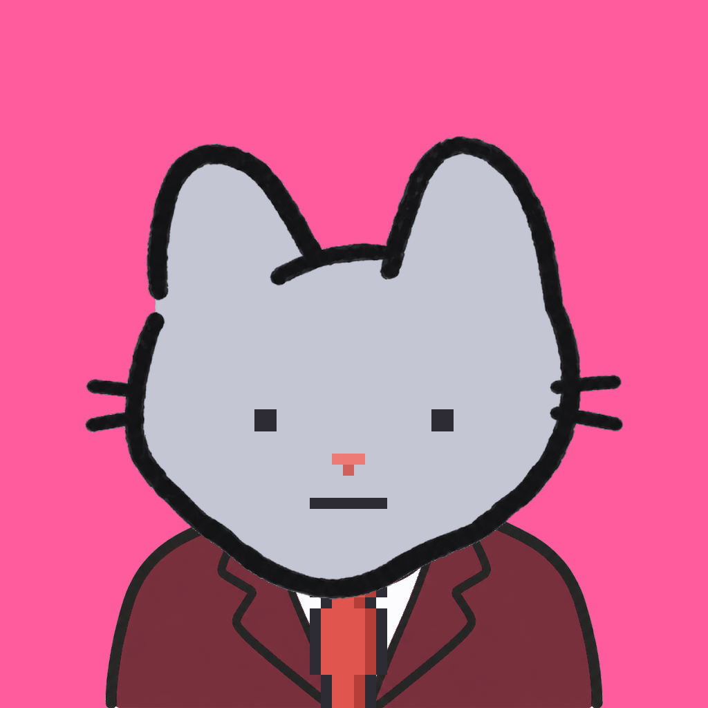 Employee #1541 — a gray cat, in a burgundy suit, with a red tie, on hot pink