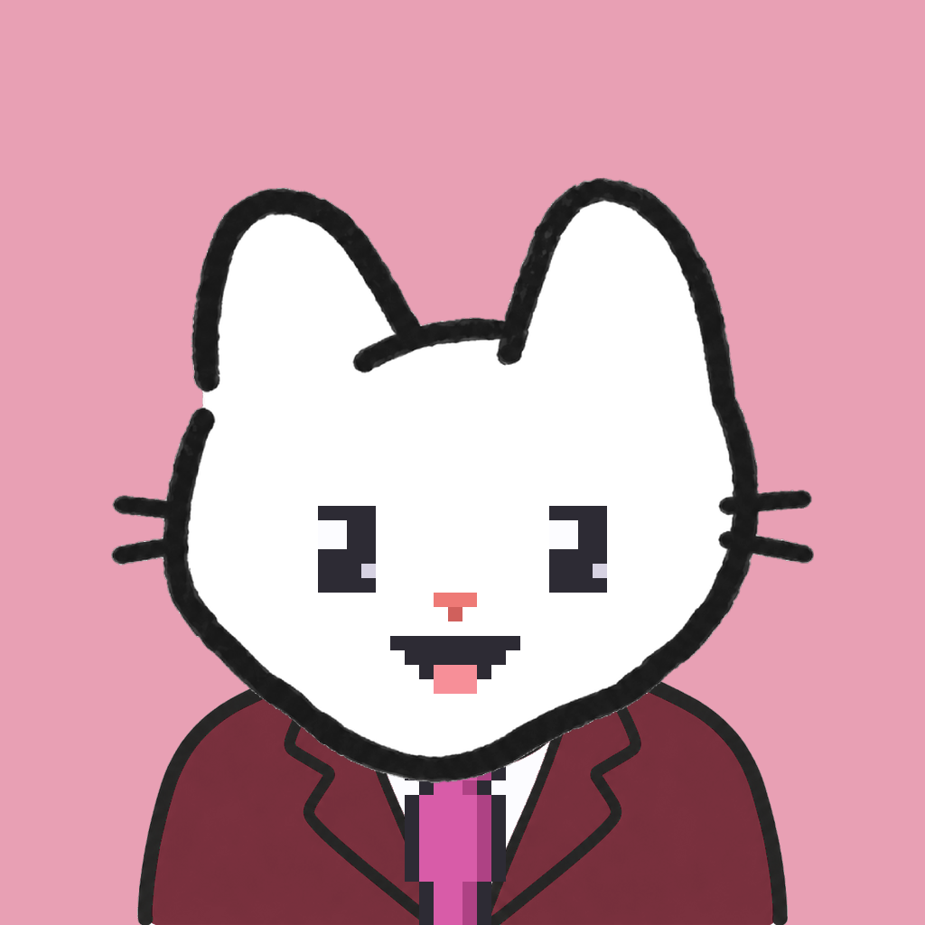 Employee #1542 — a white cat, in a burgundy suit, with a magenta tie, on rose