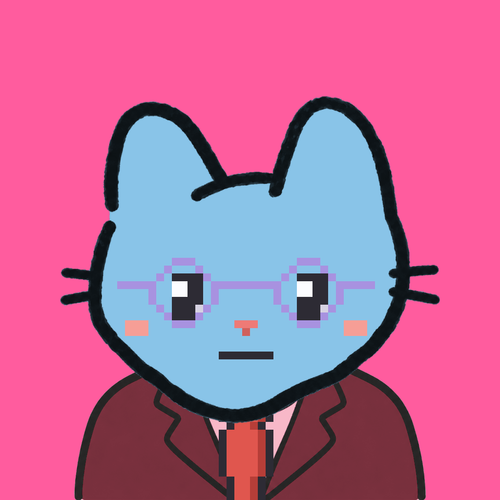 Employee #1543 — a sky cat, in a burgundy suit, with a red tie, wearing round-lavender glasses, on hot pink