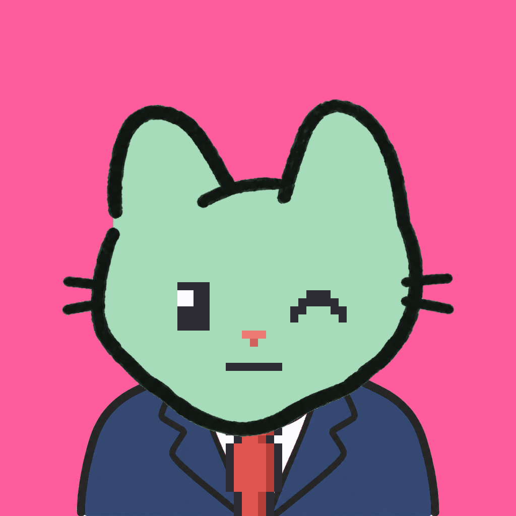 Employee #1544 — a mint cat, in a navy suit, with a red tie, on hot pink