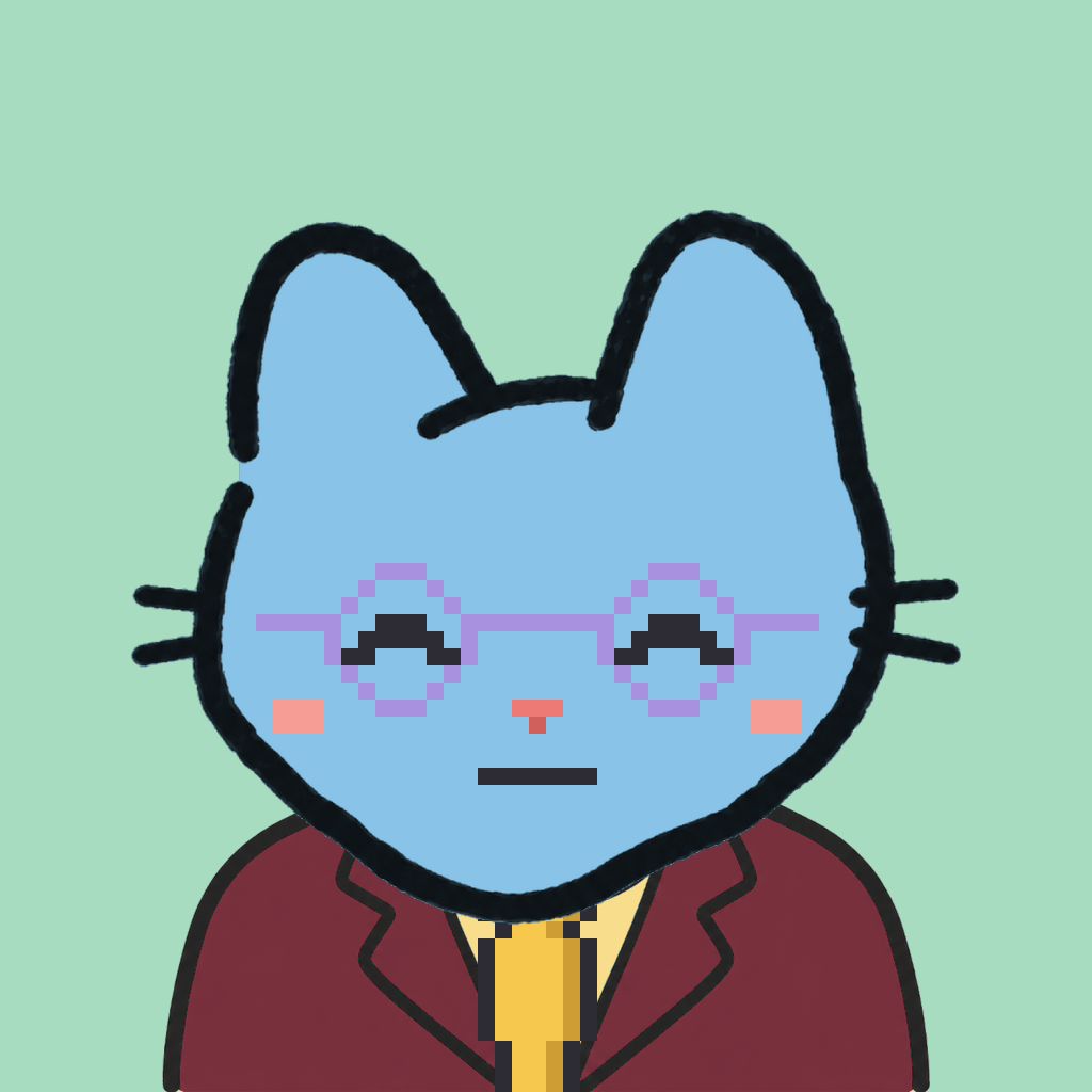 Employee #1545 — a sky cat, in a burgundy suit, with a gold tie, wearing round-lavender glasses, on mint