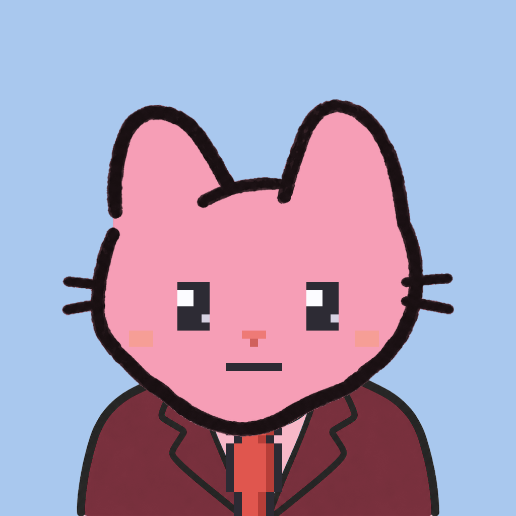 Employee #1546 — a pink cat, in a burgundy suit, with a red tie, on sky