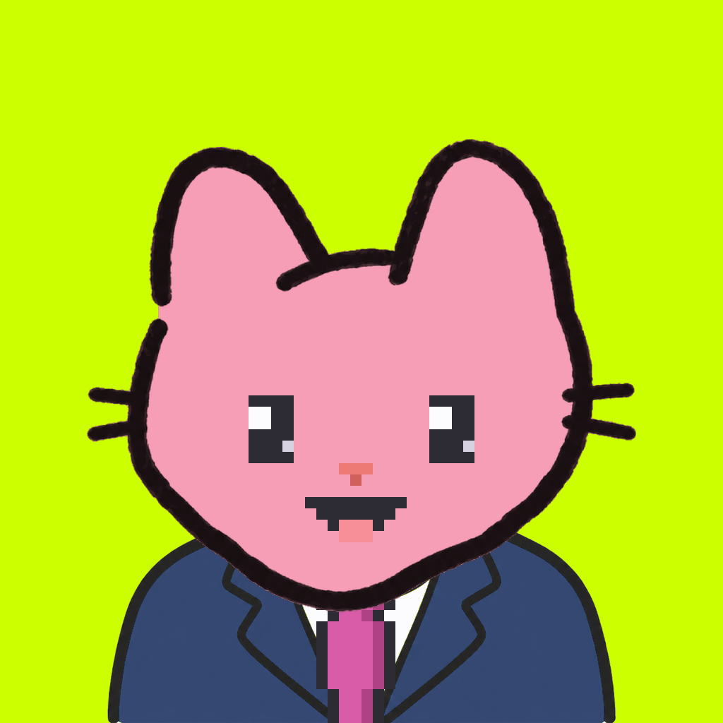Employee #1547 — a pink cat, in a navy suit, with a magenta tie, on volt
