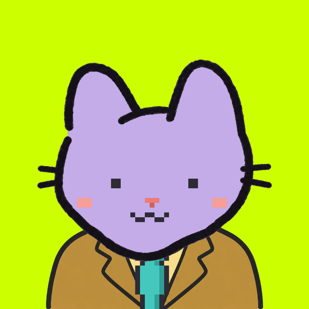 Employee #1548 — a lavender cat, in a mustard suit, with a teal tie, on volt