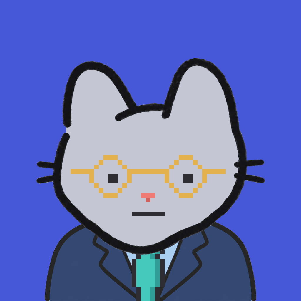 Employee #1549 — a gray cat, in a navy suit, with a teal tie, wearing round-gold glasses, on royal