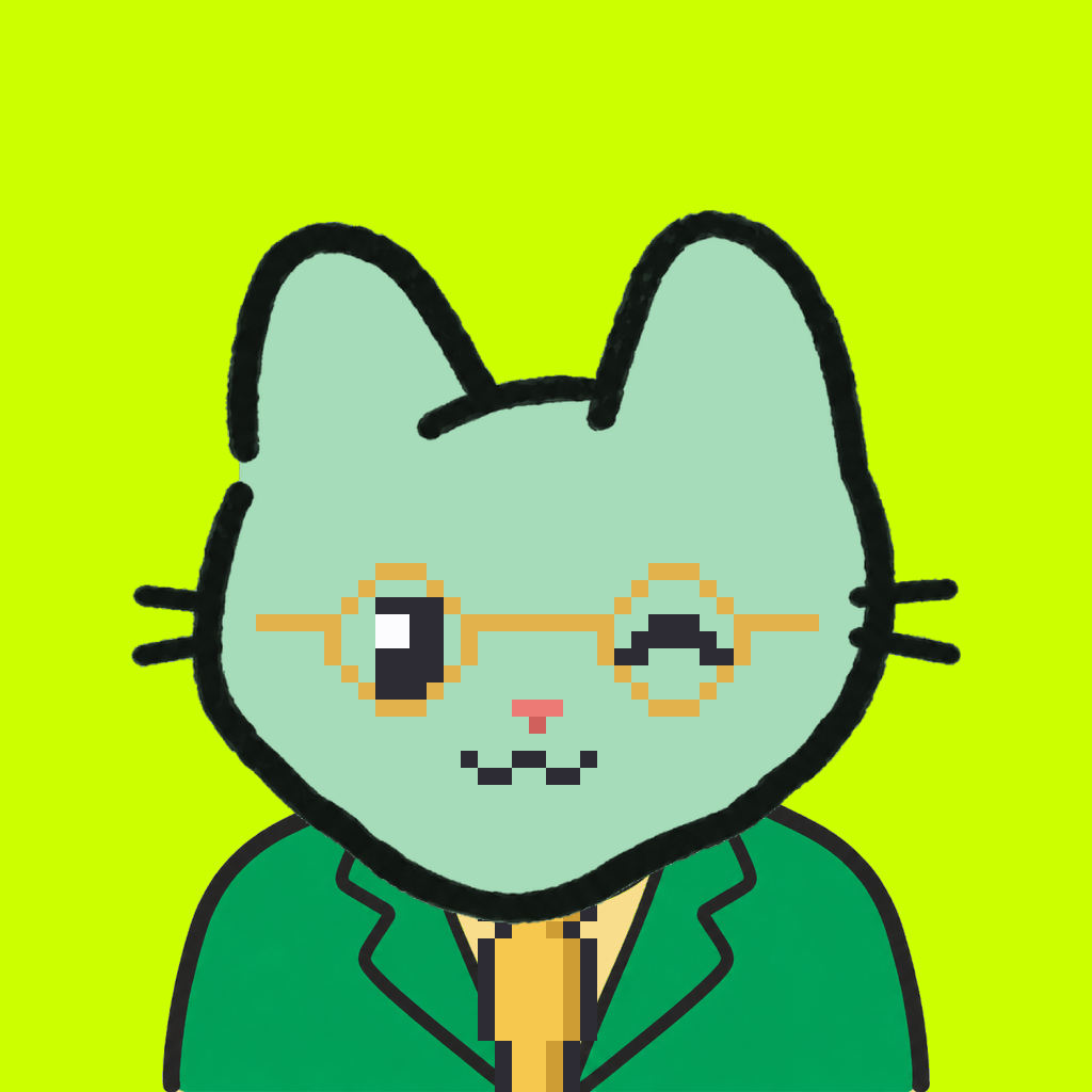 Employee #0155 — a mint cat, in a green suit, with a gold tie, wearing round-gold glasses, on volt