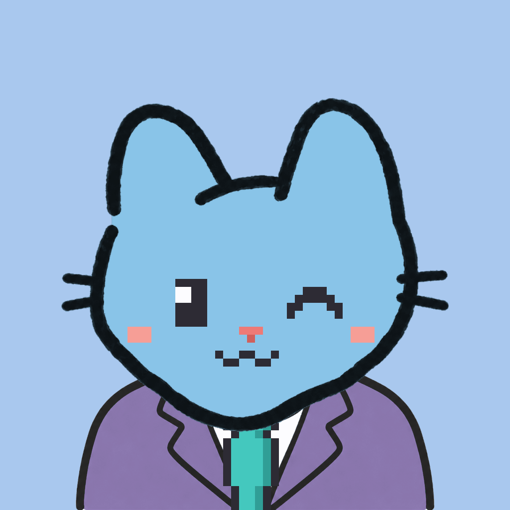 Employee #1550 — a sky cat, in a lavender suit, with a teal tie, on sky