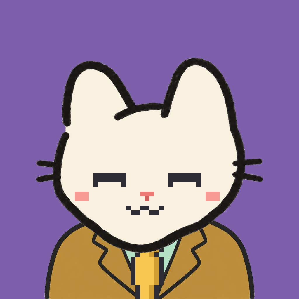 Employee #1551 — a cream cat, in a mustard suit, with a gold tie, on plasma violet