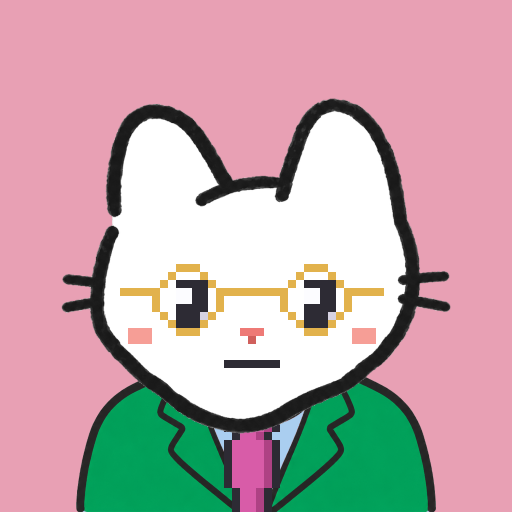 Employee #1552 — a white cat, in a green suit, with a magenta tie, wearing round-gold glasses, on rose