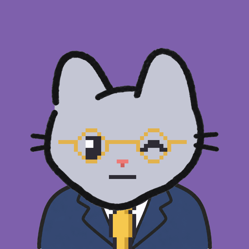 Employee #1553 — a gray cat, in a navy suit, with a gold tie, wearing round-gold glasses, on plasma violet