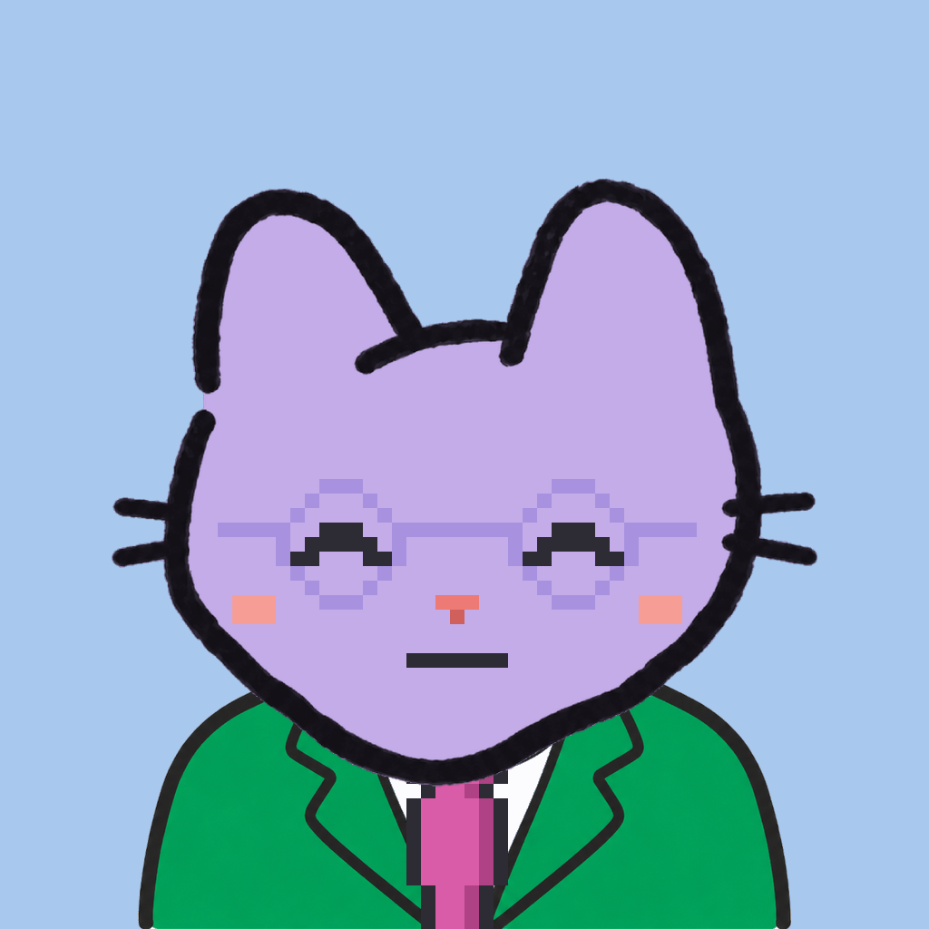 Employee #1554 — a lavender cat, in a green suit, with a magenta tie, wearing round-lavender glasses, on sky