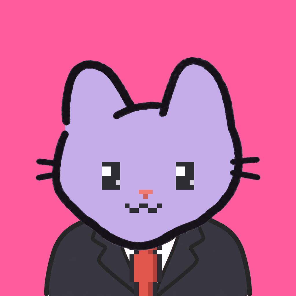 Employee #1555 — a lavender cat, in a black suit, with a red tie, on hot pink
