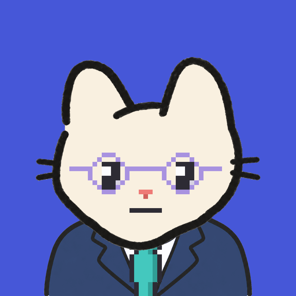 Employee #1556 — a cream cat, in a navy suit, with a teal tie, wearing round-lavender glasses, on royal