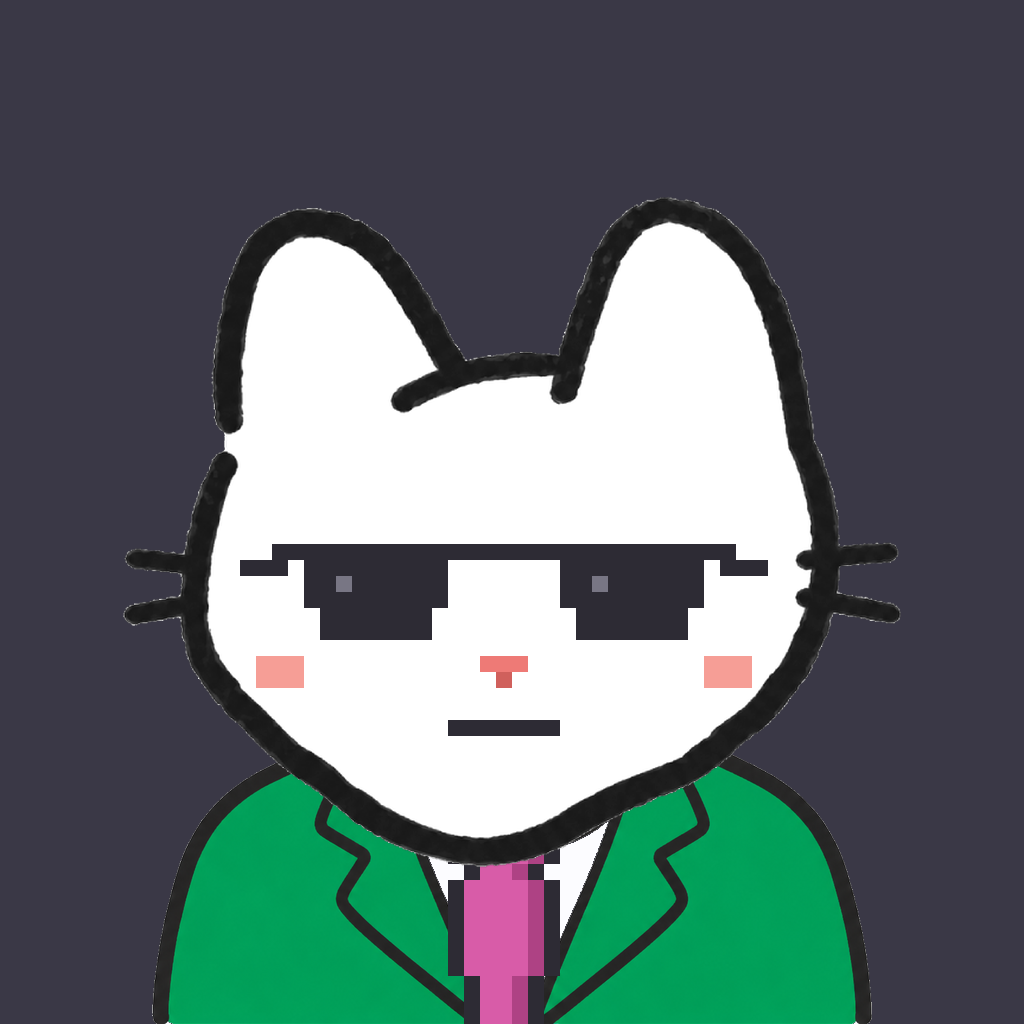 Employee #1557 — a white cat, in a green suit, with a magenta tie, wearing shades glasses, on charcoal