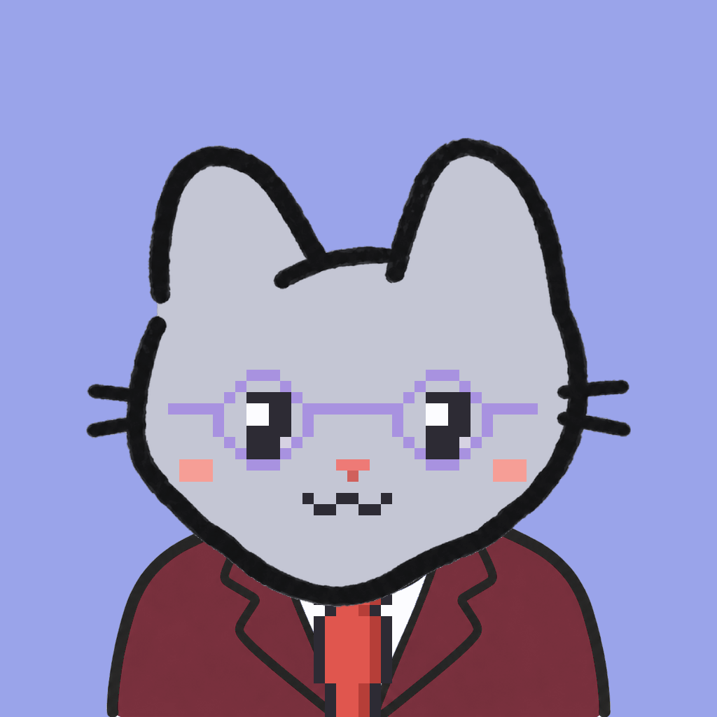 Employee #1558 — a gray cat, in a burgundy suit, with a red tie, wearing round-lavender glasses, on periwinkle