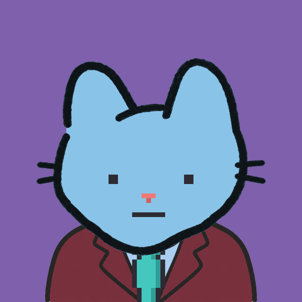 Employee #1559 — a sky cat, in a burgundy suit, with a teal tie, on plasma violet