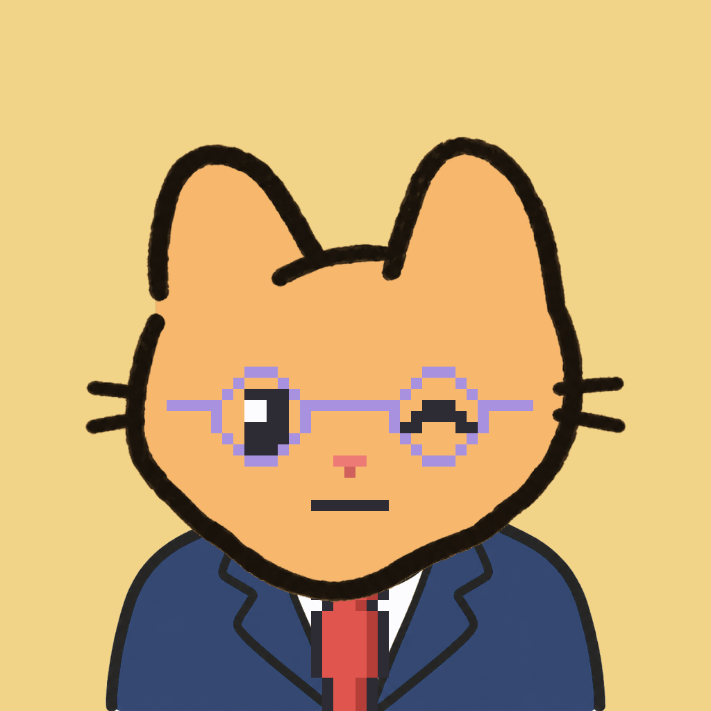 Employee #0156 — a tabby cat, in a navy suit, with a red tie, wearing round-lavender glasses, on butter