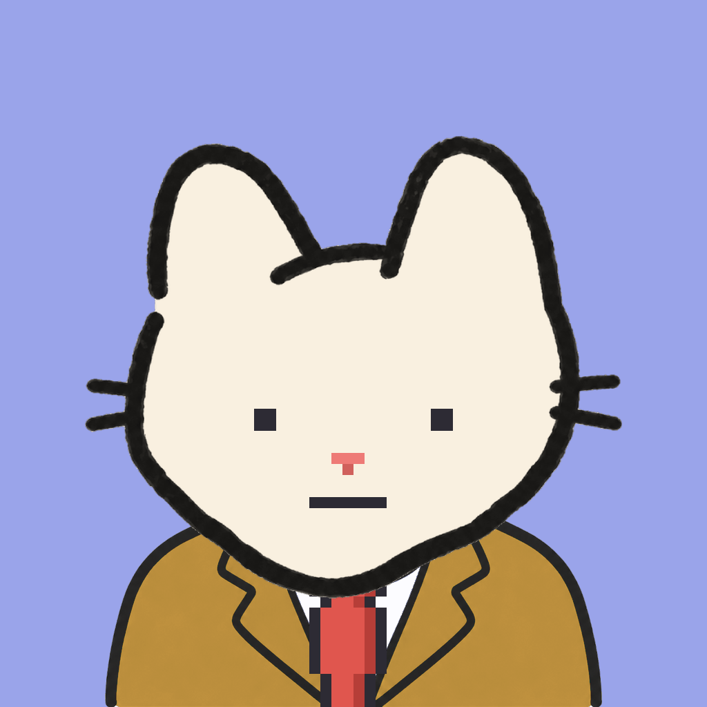 Employee #1560 — a cream cat, in a mustard suit, with a red tie, on periwinkle