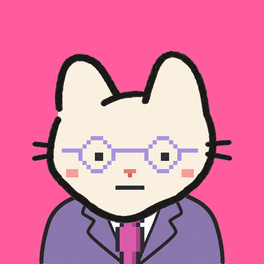 Employee #1561 — a cream cat, in a lavender suit, with a magenta tie, wearing round-lavender glasses, on hot pink