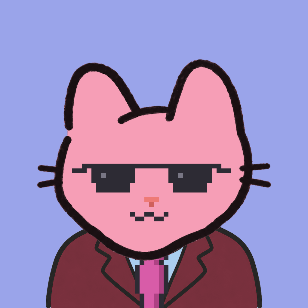 Employee #1562 — a pink cat, in a burgundy suit, with a magenta tie, wearing shades glasses, on periwinkle