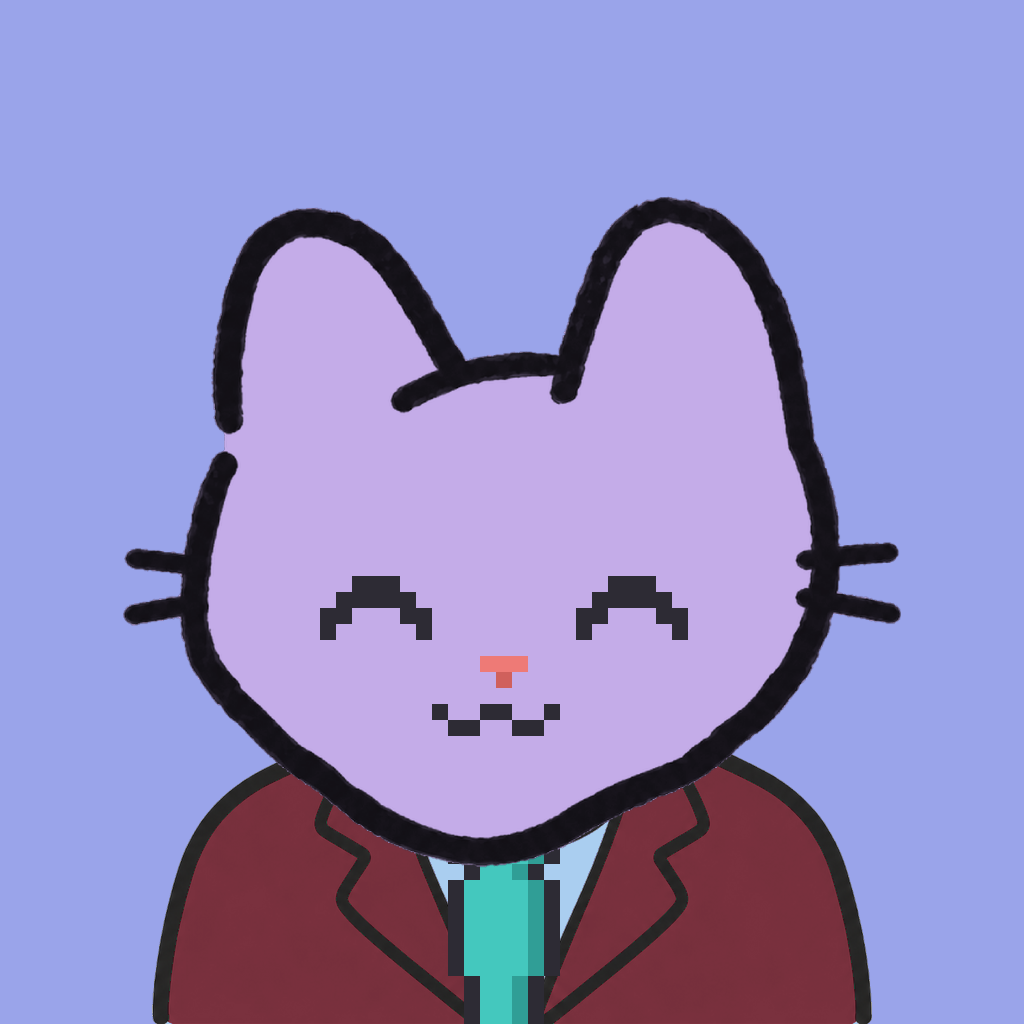 Employee #1563 — a lavender cat, in a burgundy suit, with a teal tie, on periwinkle